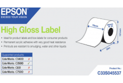 Epson C33S045537 High Gloss, за ColorWorks, 76ммx33м, бели самозалепващи етикети
