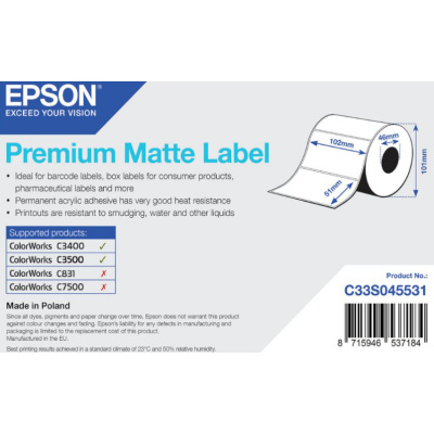 Epson C33S045531 Preмiuм Matte, за ColorWorks, 102x51мм, 650 бр, бели самозалепващи етикети