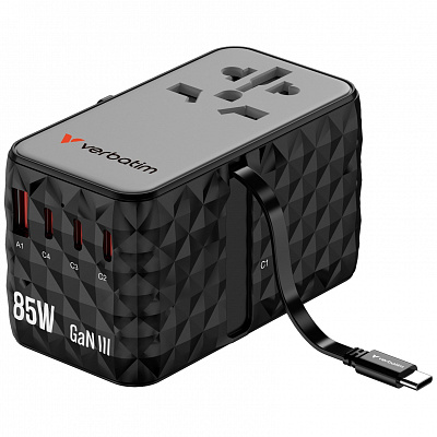 VERBATIM GaN зарядно устройство за мрежа с вграден USB-C кабел Charge 'n' Travel, 85W, 4xUSB-C, 1xUSB