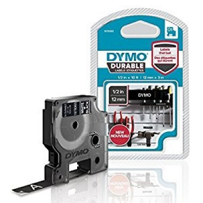 Dymo D1 1978365, 12mm x 3m, бял печат/черен фон, перманентна винилова, оригинална лента