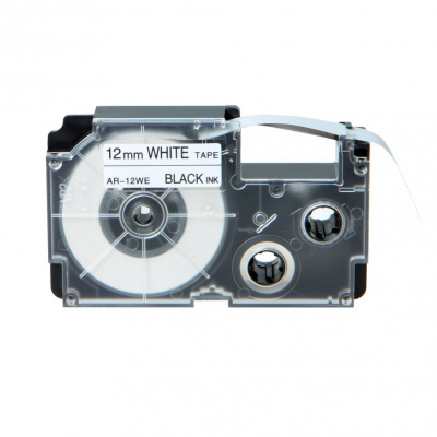 Casio R7WE (XR-12HSWE), 12mm x 2m, черен печат / бял фон, свивам, съвместима лента