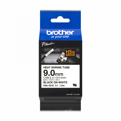 Brother HSe-221E Pro Tape, 9 mm x 1.5 m, черен печат / бял фон, оригинална лента