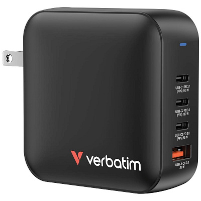 VERBATIM GaN зарядно устройство Mini GaN 165W, 3xUSB-C, 1x USB-A, черно