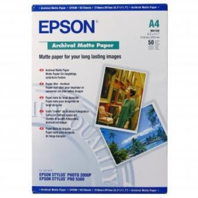 Epson Archival Matte Paper C13S041342, 21x29,7см, A4, 50 бр., мастиленоструен, бял, фотографска хартия