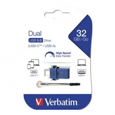Verbatim 49966 Dual, USB флаш памет OTG, USB A 3.0 + USB C, 32GB, с каишка, синьо