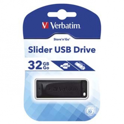 Verbatim 98697 Slider, USB флаш памет, USB A 2.0, 32GB, с изваждащ се конектор, черно